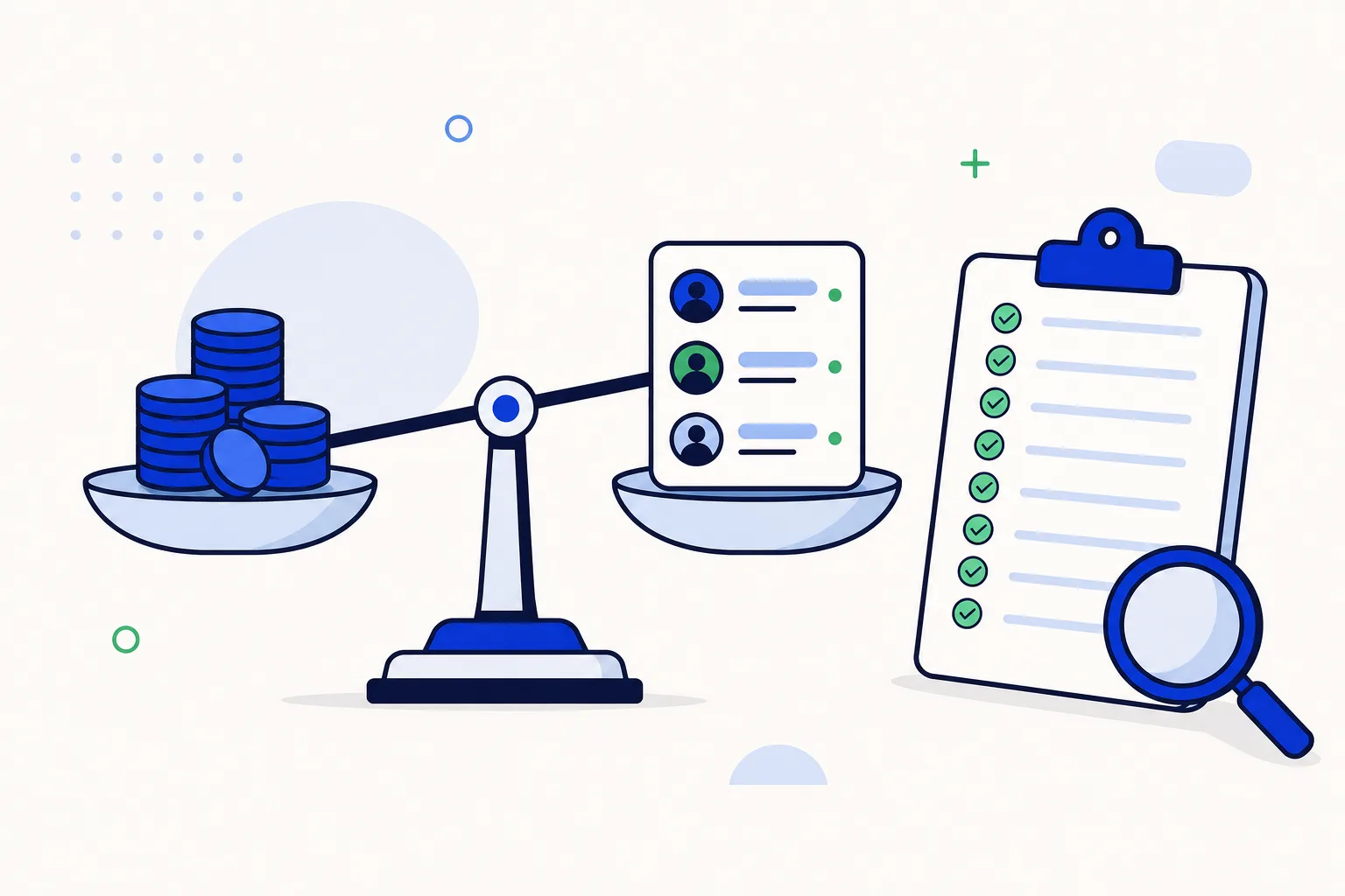 Flat vector illustration of a WhatsApp chat window beside a price tag, a checklist with ten ticked boxes and a small group of people sharing one phone number