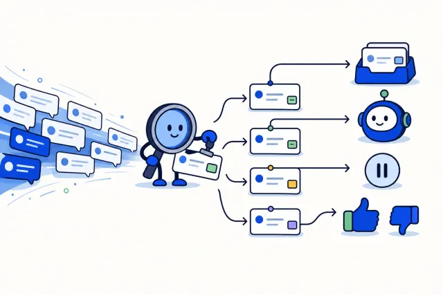 Illustration of incoming chat messages being read and tagged by a small classifier, then routed to an inbox, an AI agent, a held-draft pause badge and a sentiment check