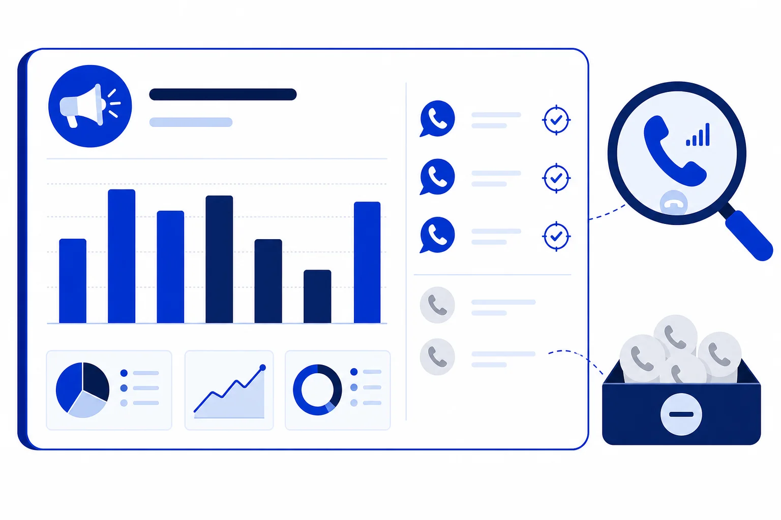 Illustration of a campaign dashboard with bar charts, call icons marked with target check marks, greyed-out calls set aside in a tray, and a magnifying glass over a phone with a signal icon