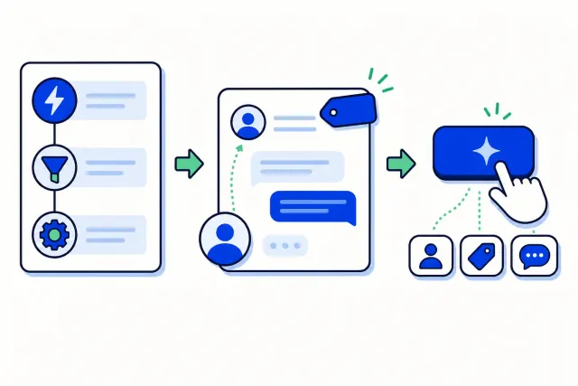 Illustration of an automation rule card with event, condition and action feeding a conversation card, and a one-click macro button fanning out into assign, tag and message actions