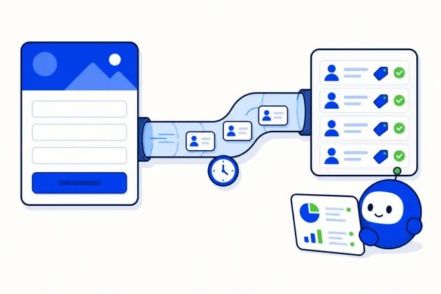 Illustration of leads flowing from a social lead form into a labelled contact list, with a sync clock and an assistant reading an overview panel