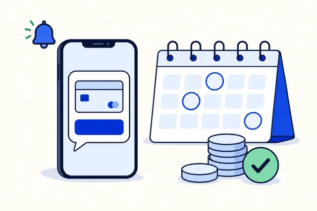Flat vector illustration of a WhatsApp chat bubble with a payment link button, a calendar marked with a due date and a small invoice with a checkmark