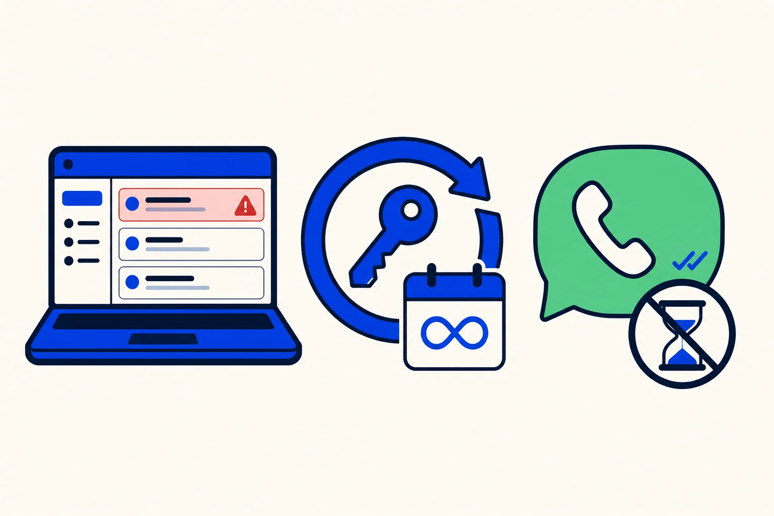Illustration of a laptop inbox with a red warning banner, a key inside a circular arrow next to a calendar with an infinity sign, and a delivered chat message with a crossed-out hourglass