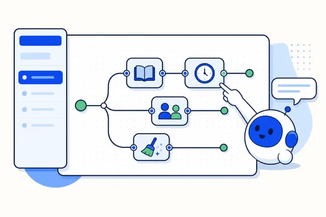Illustration of a visual flow editor for AI agents with nodes for knowledge, business hours, human handover and an inactivity sweeper, a versions panel and an assistant pointing at a node