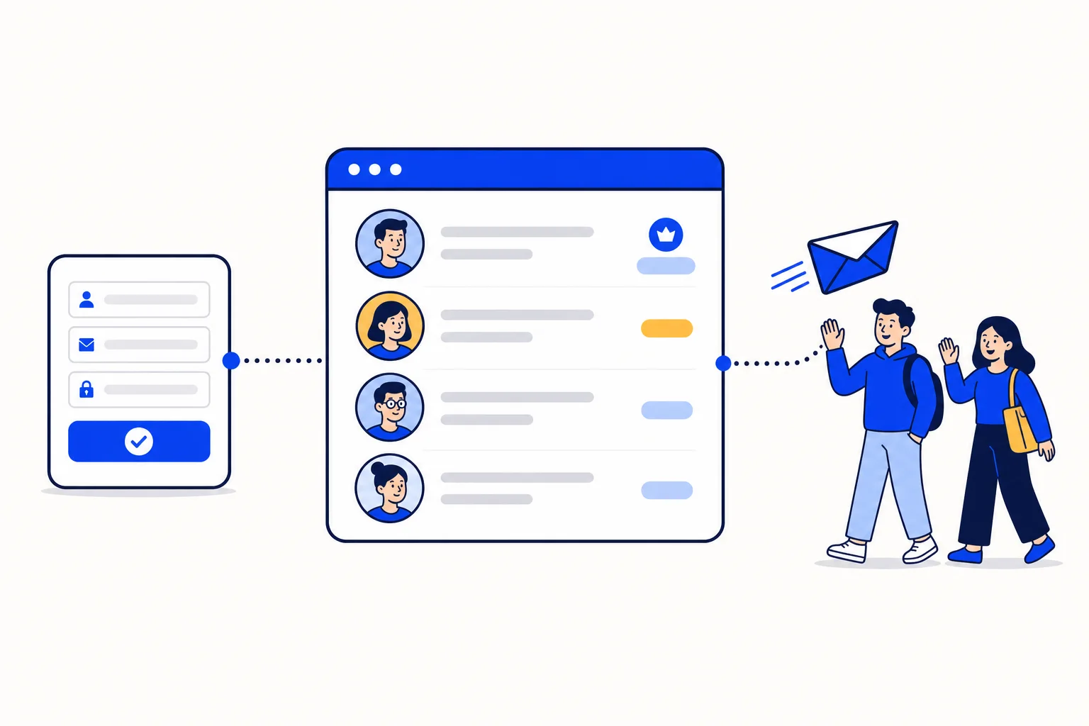 Illustration of a sign-up form connected to a team members list with an administrator badge, and an invitation envelope flying to two new teammates who wave as they arrive