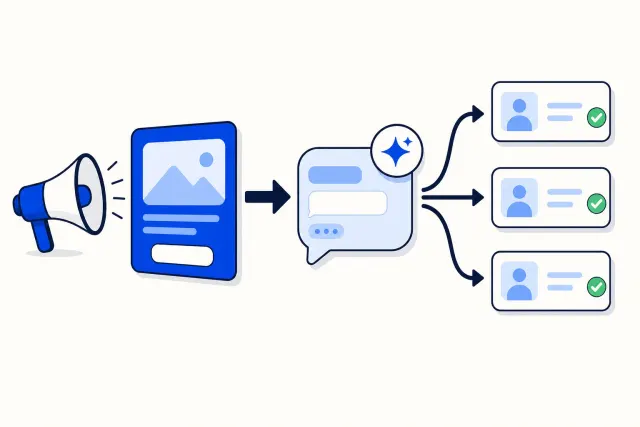 Flat vector illustration of a phone showing a Facebook ad with a WhatsApp button, an arrow leading into a chat where an AI agent replies instantly, and a small chart tying ad spend to conversations.
