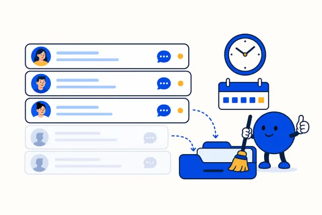 Illustration of an inbox where faded idle conversations slide into a closed folder under a clock and a seven-day calendar, with an assistant giving a thumbs up
