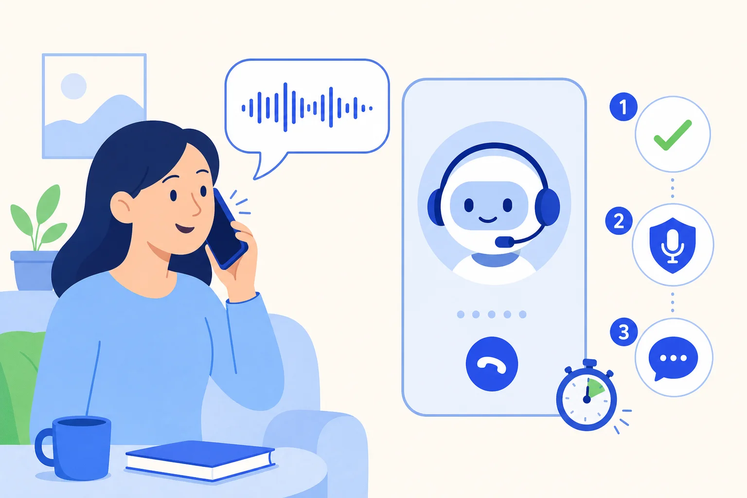 Illustration of a woman answering her phone and an AI agent with a headset waiting in a call card, next to three step icons for confirming the person, the recording notice and the reason for the call