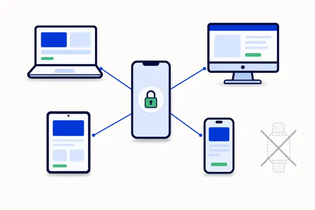 Flat vector illustration of a phone in the centre with four linked screens around it, a laptop, a desktop monitor, a tablet and a second phone, and a fifth person standing outside the circle with no screen.