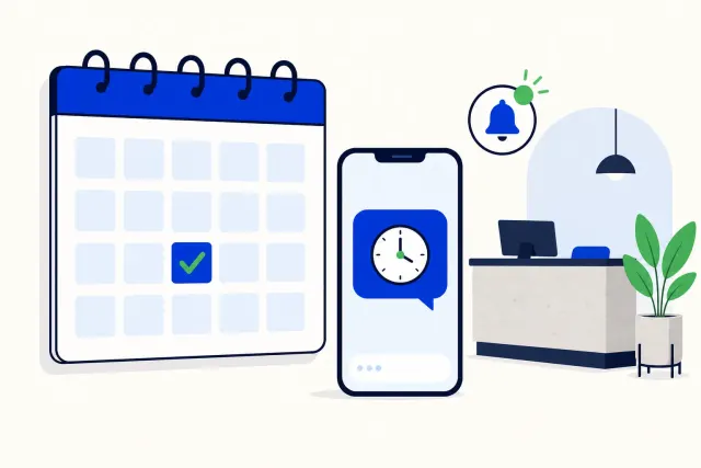 Flat vector illustration of a smartphone showing a WhatsApp chat where a small AI agent icon offers three appointment time slots, next to a calendar page with one day marked by a checkmark