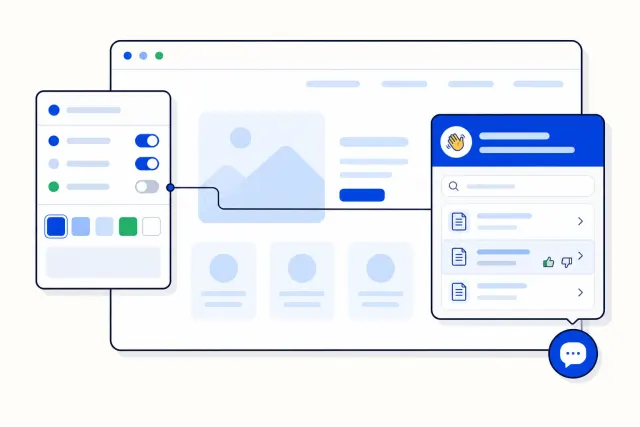 Illustration of a website chat widget with a greeting, help search and article list with a was-this-helpful prompt, next to a builder panel with toggles and colour swatches
