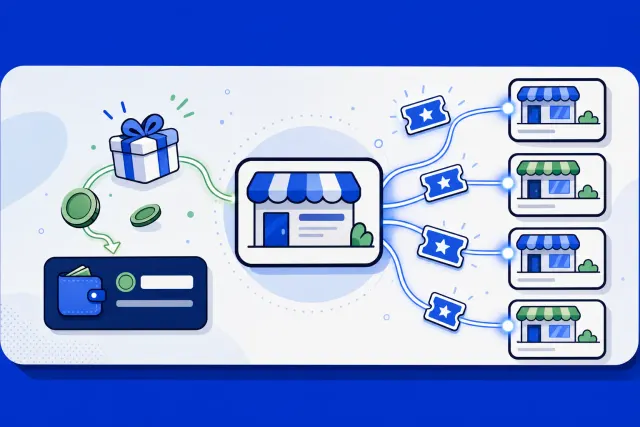 Illustration of a business sending referral invitations to other businesses, with rewards flowing back into a wallet