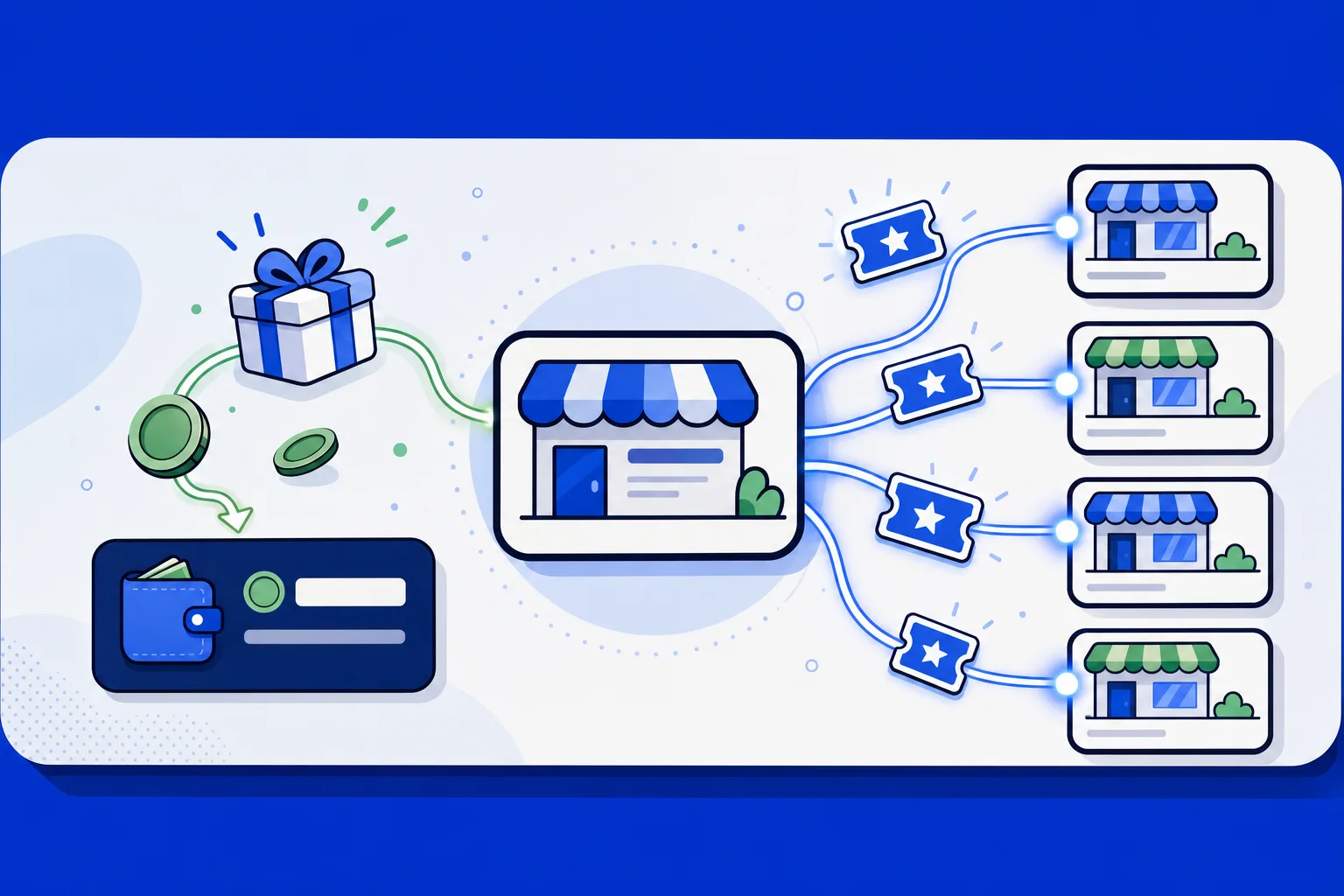 Illustration of a business sending referral invitations to other businesses, with rewards flowing back into a wallet