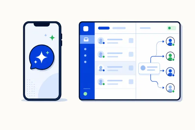 Flat vector illustration of a smartphone with a WhatsApp chat being answered by an AI spark, next to a desk where three people share one inbox.