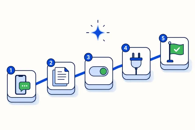 Flat vector illustration of a numbered checklist next to a smartphone showing a WhatsApp chat answered by a small AI agent icon, with a toggle switch set to on