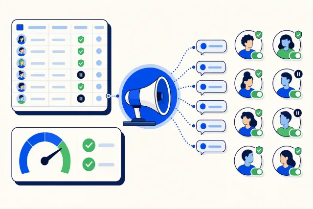 Illustration of a campaign megaphone sending chat messages to customers, each with a consent badge and opt-in toggle