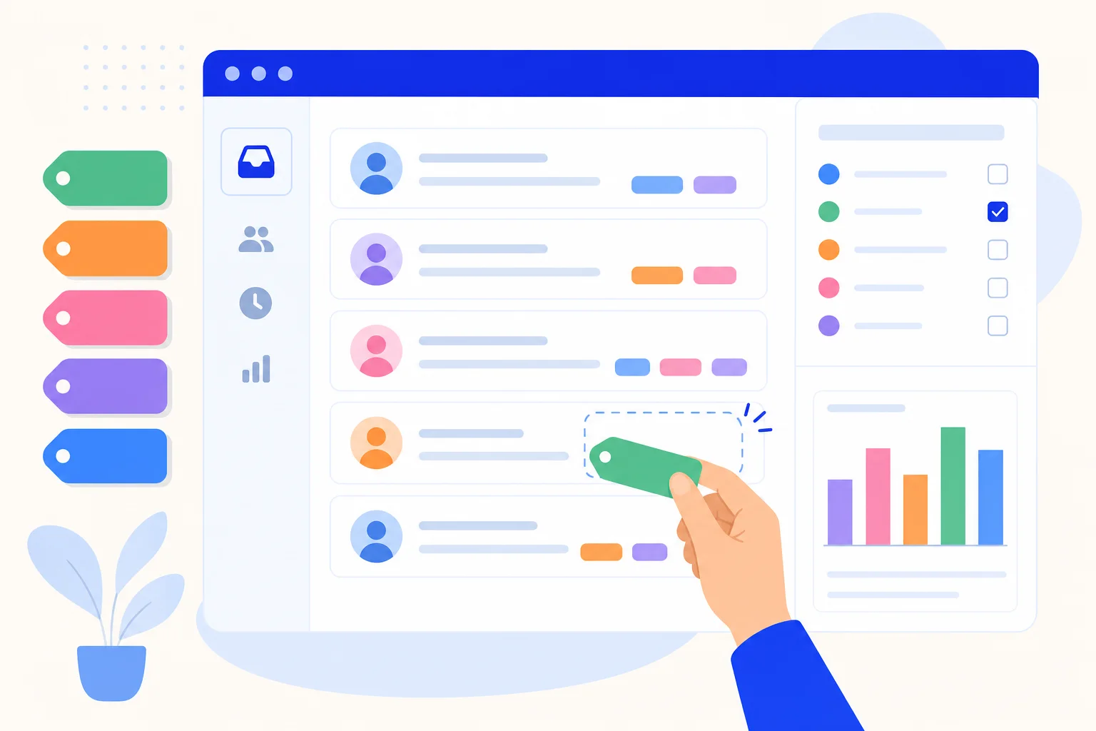 Illustration of a conversation list with colored label chips, a stack of colorful tags, a sidebar filter with colored dots and a small bar chart, and a hand dragging a green tag onto a conversation
