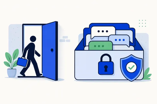 Flat vector illustration of a person walking out of an office door with a phone full of chat bubbles, while a team inbox on a desk keeps the same conversations