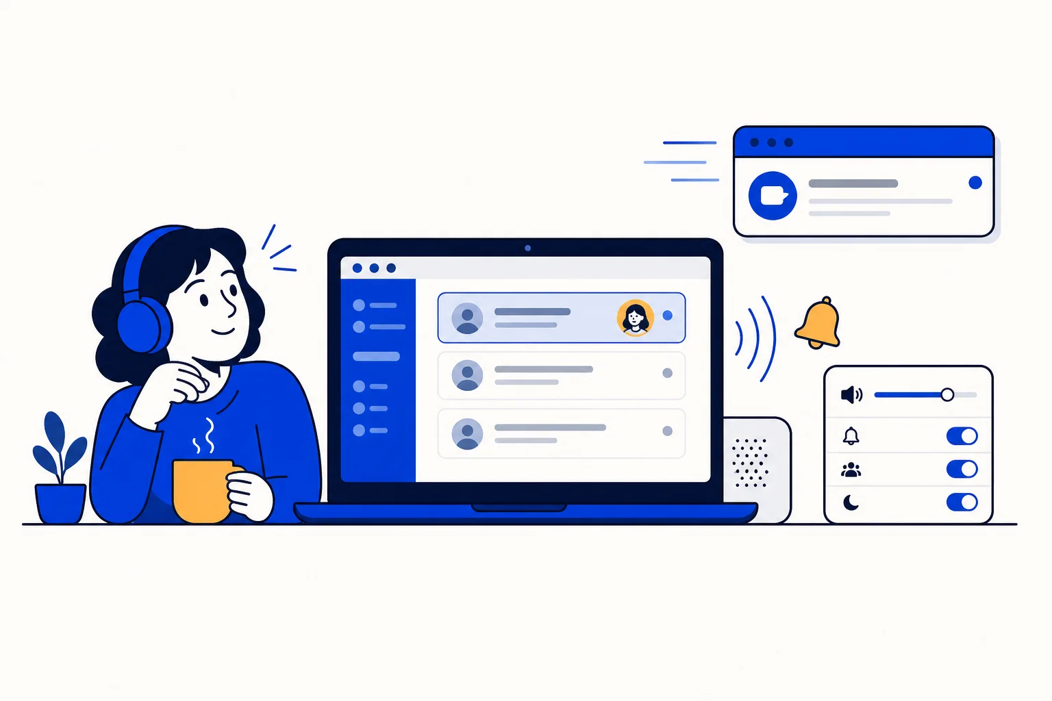 Illustration of a support agent with headphones looking up as her laptop inbox plays a sound, with a bell, a desktop notification card and a panel of sound settings