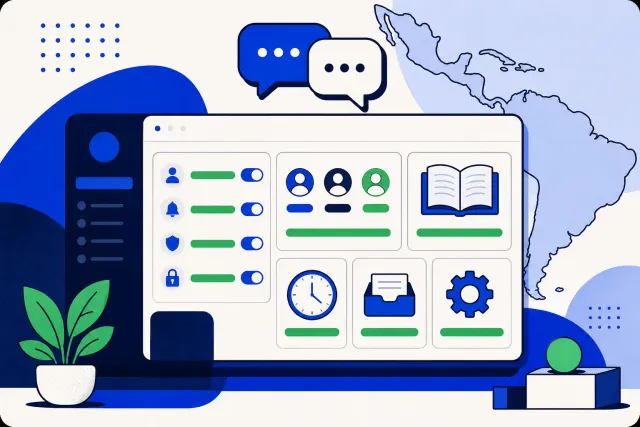 Illustration of a dashboard settings screen with every label marked complete and a translation motif above it