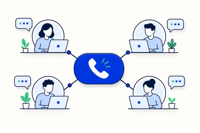 Flat vector illustration of one large phone showing a chat bubble, connected by lines to four people at separate desks, each answering from their own screen.