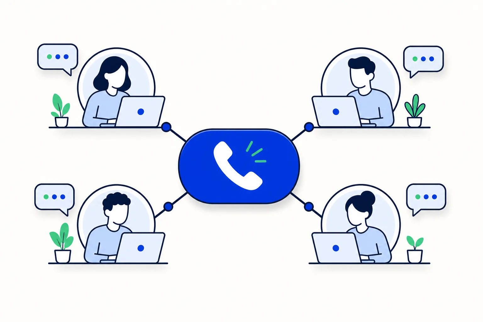 Flat vector illustration of one large phone showing a chat bubble, connected by lines to four people at separate desks, each answering from their own screen.