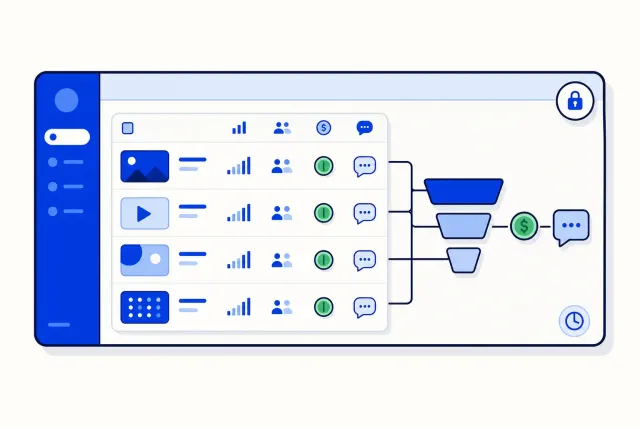 Illustration of ad campaign rows joined to a three-stage funnel of leads, follow-ups and replies, linking ad spend to conversations