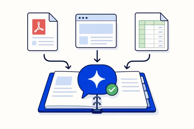 Flat vector illustration of a business owner handing a price list, a PDF and a web page to a small AI agent icon next to a smartphone showing a WhatsApp chat
