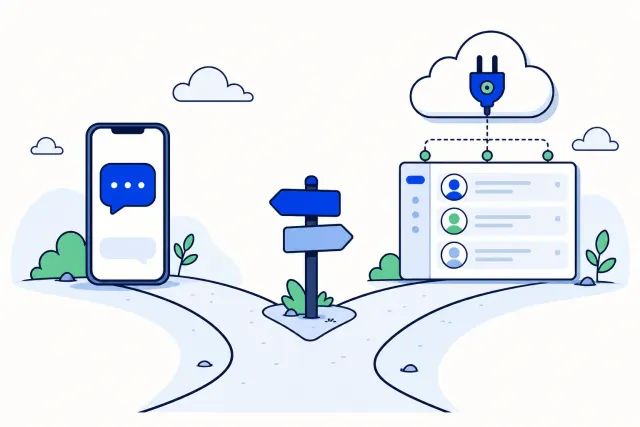 Flat vector illustration of one phone number splitting into two paths: a single smartphone running the WhatsApp Business app on the left, and a shared team inbox on three laptops with assigned conversations on the right.