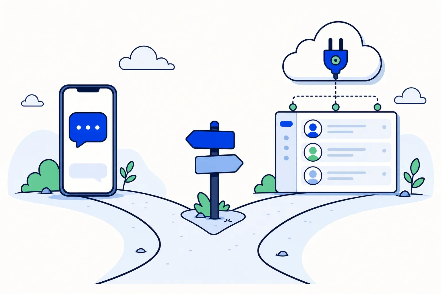Flat vector illustration of one phone number splitting into two paths: a single smartphone running the WhatsApp Business app on the left, and a shared team inbox on three laptops with assigned conversations on the right.