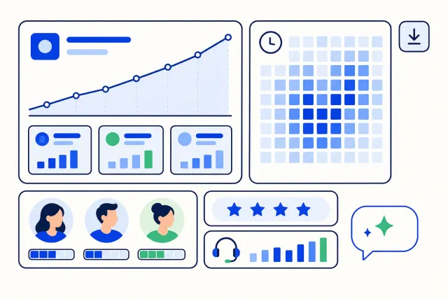 Illustration of a customer service reports dashboard with a line chart, a traffic heat map, per-agent bars, a star rating and a call stats tile