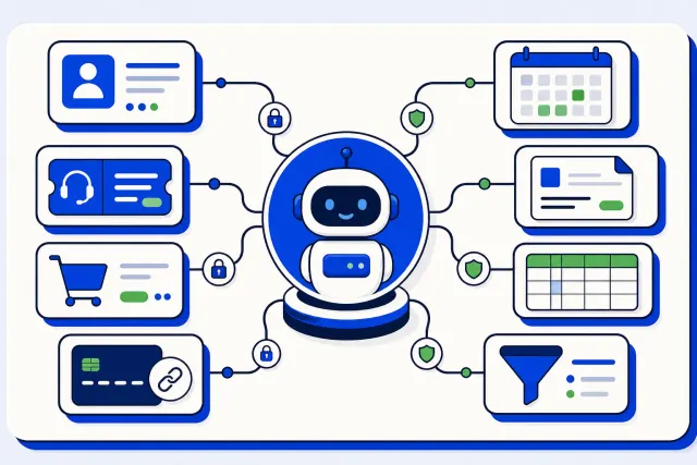 Illustration of an AI bot at the center of a hub connected to CRM, help desk, payment, calendar, invoice and spreadsheet services