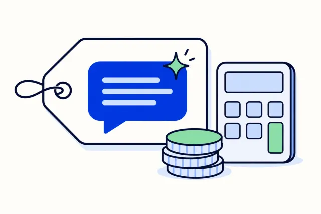Flat-vector illustration of a smartphone showing a WhatsApp chat beside three stacked price cards and a small calculator, in cobalt blue and white