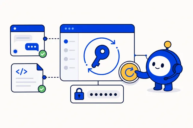 Illustration of a settings panel with a key inside a rotate arrow, a padlock card below, and an assistant pressing a Rotate button