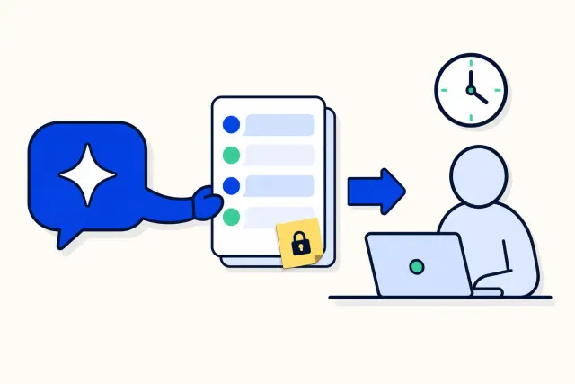 Flat vector illustration of a WhatsApp chat where a small AI agent icon passes a speech bubble to a person at a desk, with a relay baton between them
