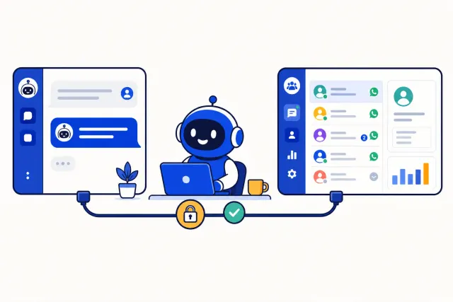 Illustration of an AI assistant connected by a single secure cable to a shared team inbox with WhatsApp conversations, contacts and a report