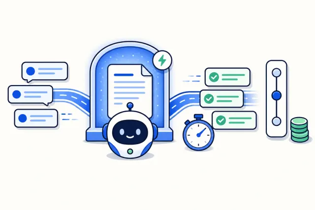 Illustration of an AI agent whose system prompt sits in a cached memory vault, with quick replies flowing out past a stopwatch and an effort dial next to a coin stack