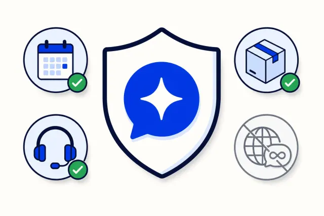 Flat vector illustration of a WhatsApp chat on a phone with a green check mark over a small AI spark, next to a clipboard checklist and a person waving from a desk.