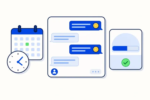 Flat vector illustration of a WhatsApp chat bubble beside a monthly invoice with line items, a small globe with country pins and a calculator