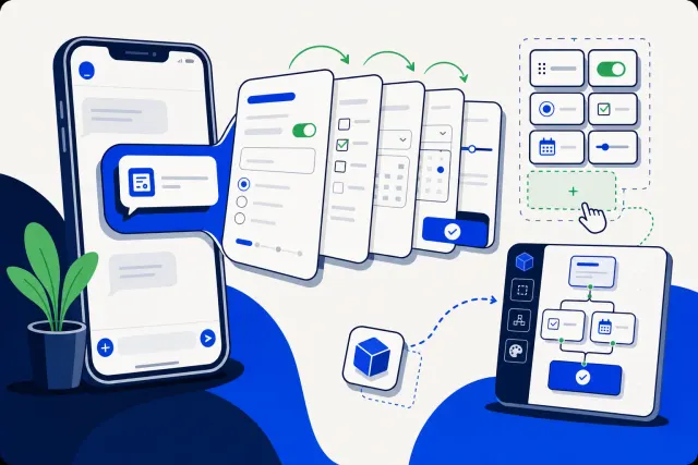 Illustration of an interactive multi-screen form unfolding from a chat conversation, next to a no-code flow builder