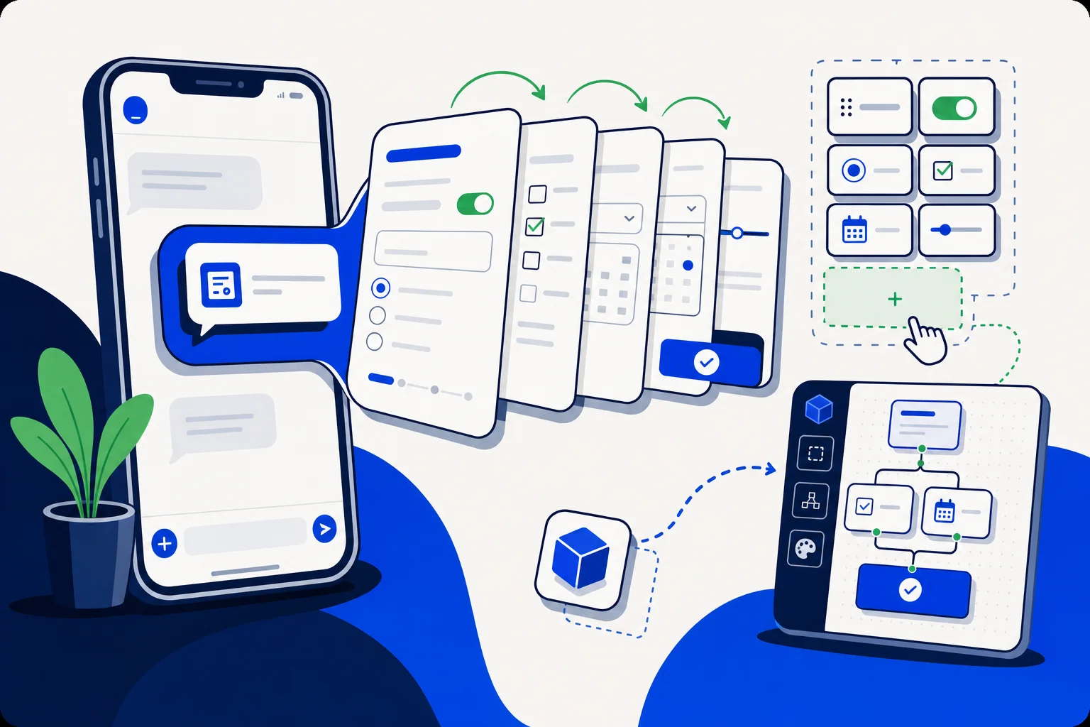 Illustration of an interactive multi-screen form unfolding from a chat conversation, next to a no-code flow builder
