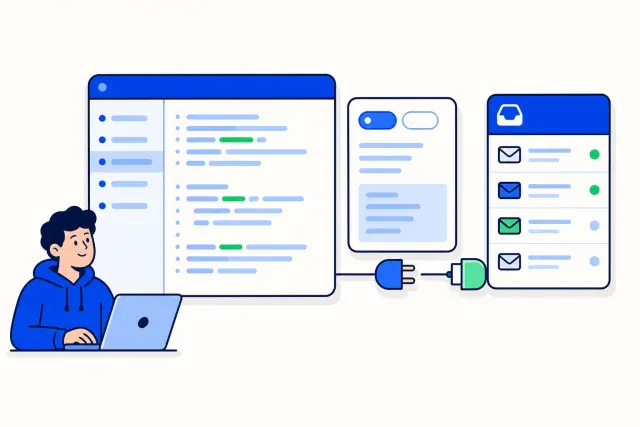 Illustration of an API documentation page with code blocks and a two-language toggle, connected by a plug icon to a HellouOne inbox, with a developer at a laptop