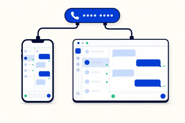 Flat vector illustration of a smartphone showing the WhatsApp Business app next to a laptop with a shared team inbox, both connected to the same phone number