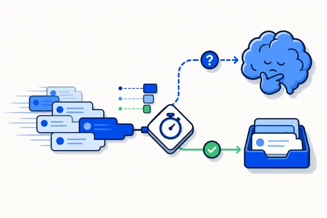 Illustration of incoming chat messages passing through a fast decision gate, most routed straight to an inbox and a few escalated to a larger thinking model
