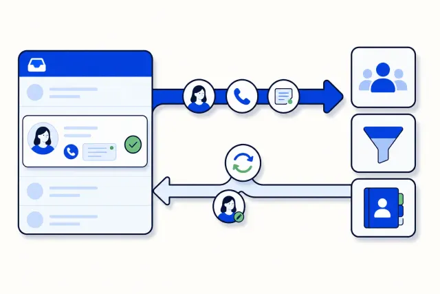 Illustration of an inbox syncing contacts, calls and resolved conversations to three abstract CRM tiles, with contact edits flowing back