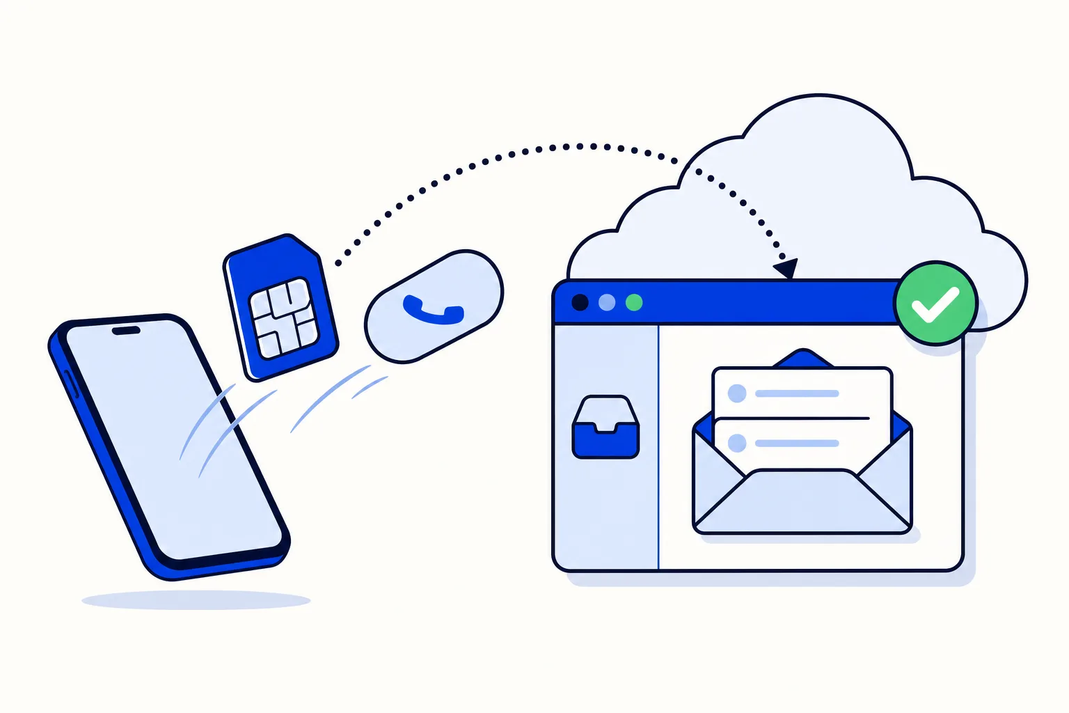 Flat vector illustration of a phone number card moving from a WhatsApp Business app icon to a shared team inbox screen, with a cobalt arrow and a checkmark showing the number stays the same
