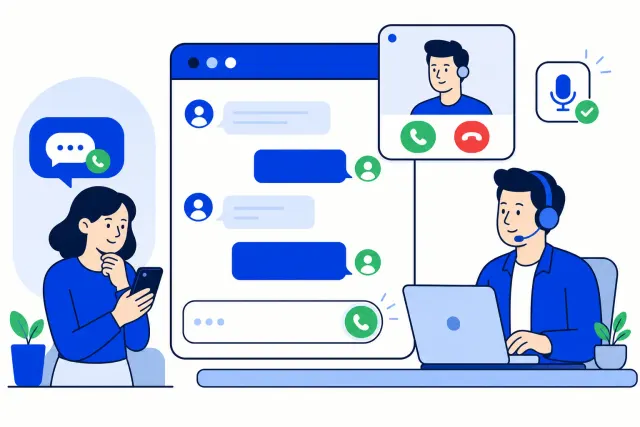 Illustration of a browser chat conversation with a floating WhatsApp call window, a phone icon in the composer, a headset-wearing agent at a laptop and a customer holding a phone