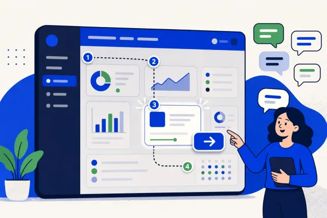 Illustration of a guided product tour with numbered steps on a dashboard and an assistant character pointing at the current step