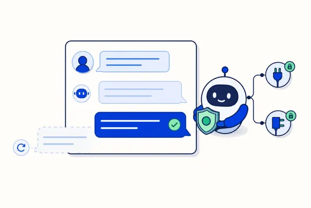 Illustration of a chat where a half-finished reply is retried into a complete one with a checkmark, next to an AI agent holding a shield and two locked connector plugs